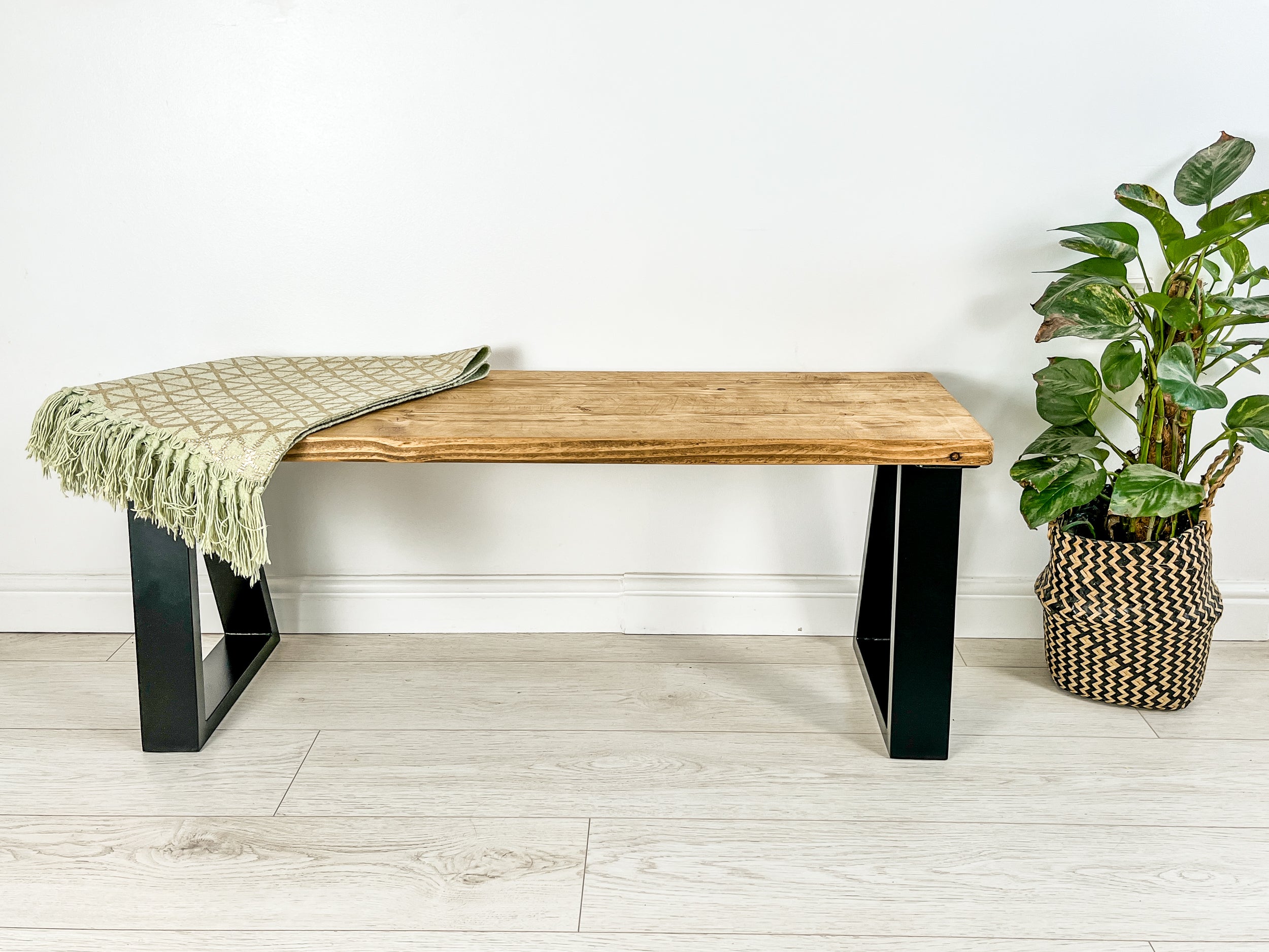 Rustic Wood Bench with Trapezium Steel Frame Legs