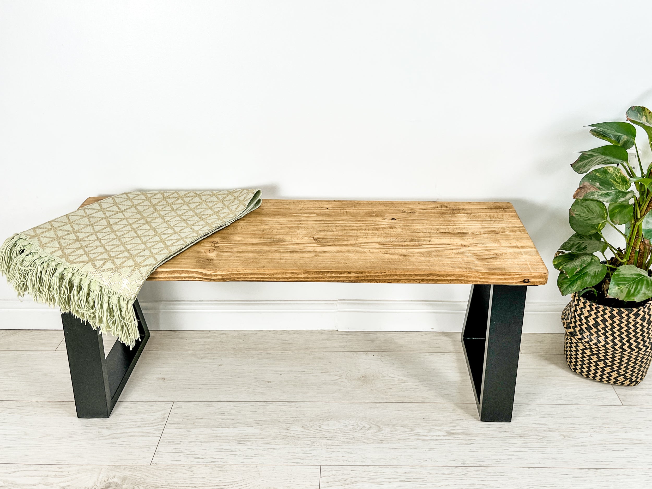 Rustic Wood Bench with Trapezium Steel Frame Legs