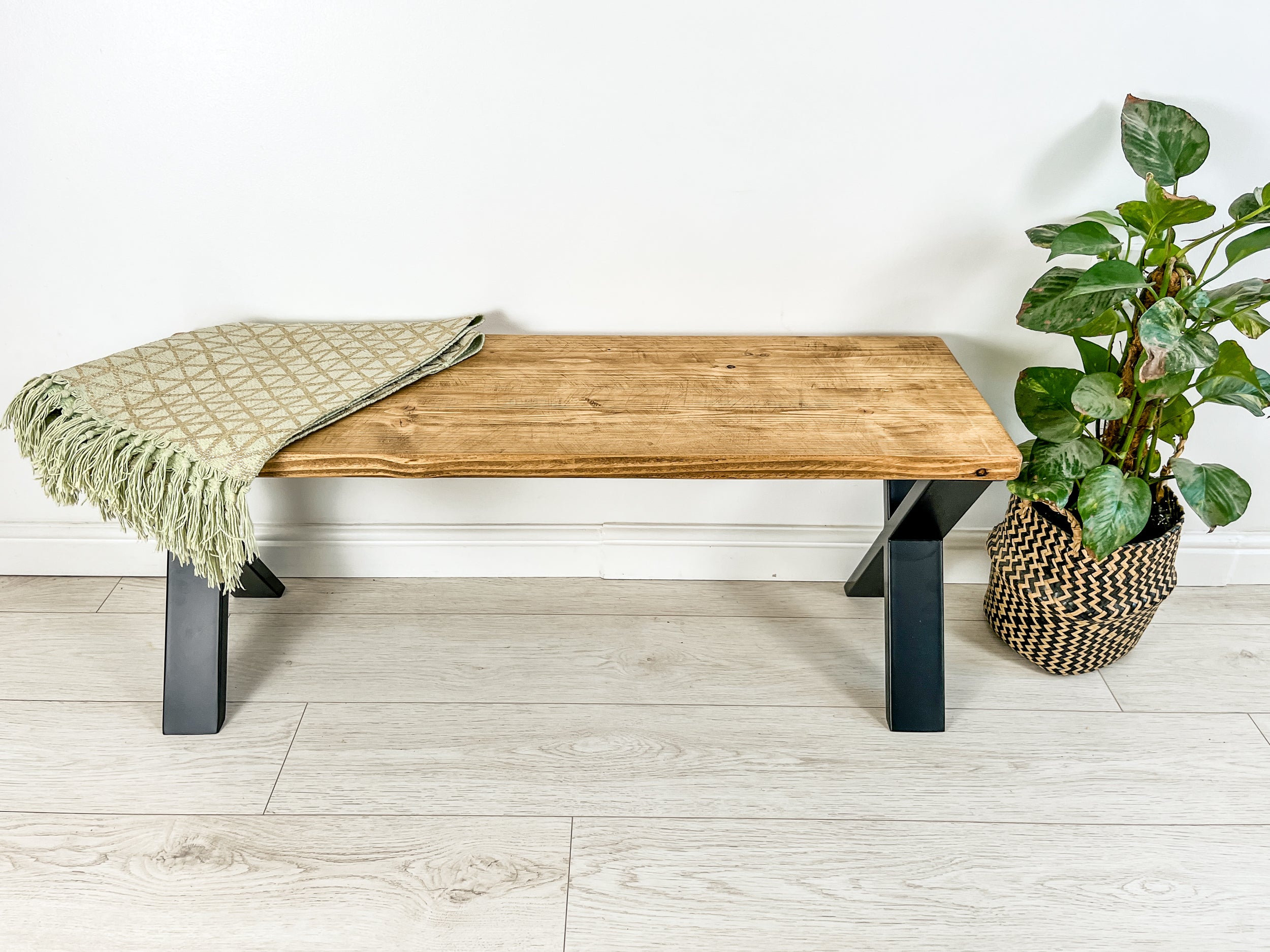 Rustic Wood Bench with Steel X-Frame Legs