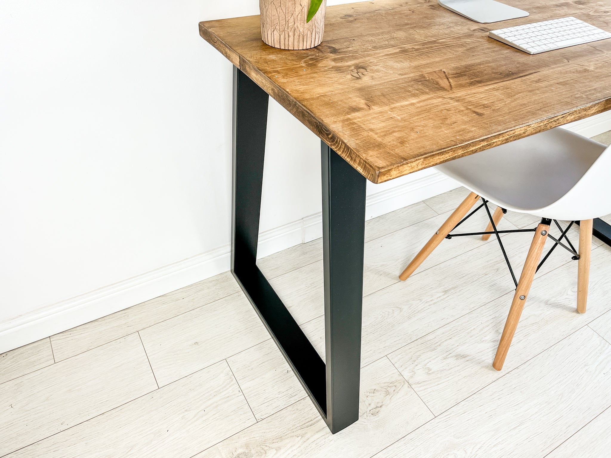 Rustic Wood Desk with Trapezium Steel Frame Legs