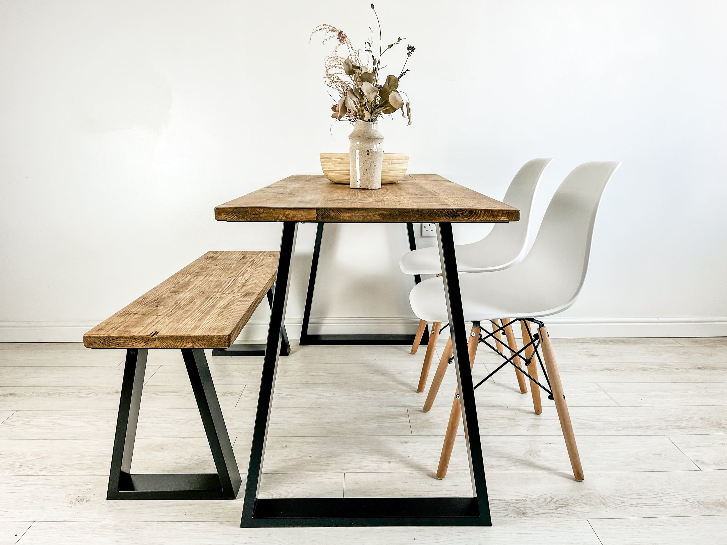 Rustic Wood Dining Table with Trapezium Steel Frame Legs