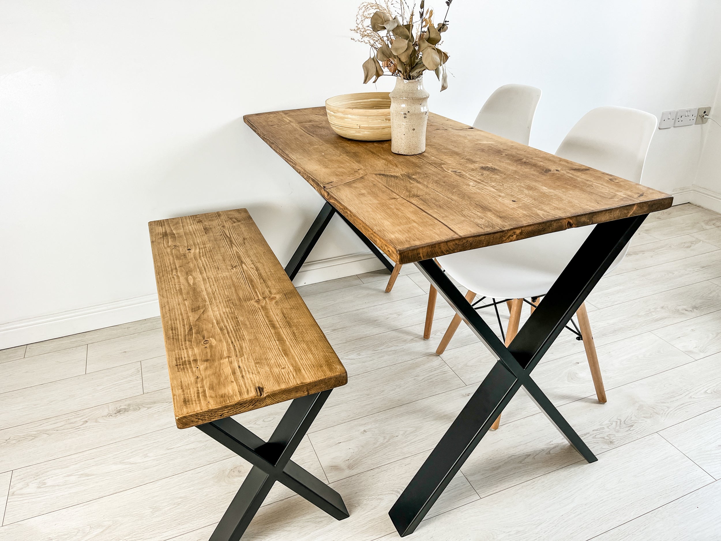 Rustic Wood Dining Table with Steel X-Frame Legs
