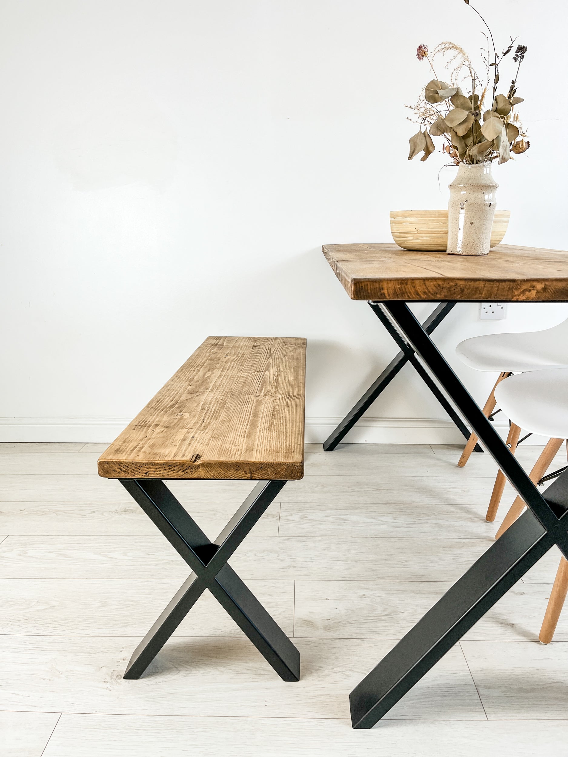 Rustic Wood Dining Table with Steel X-Frame Legs
