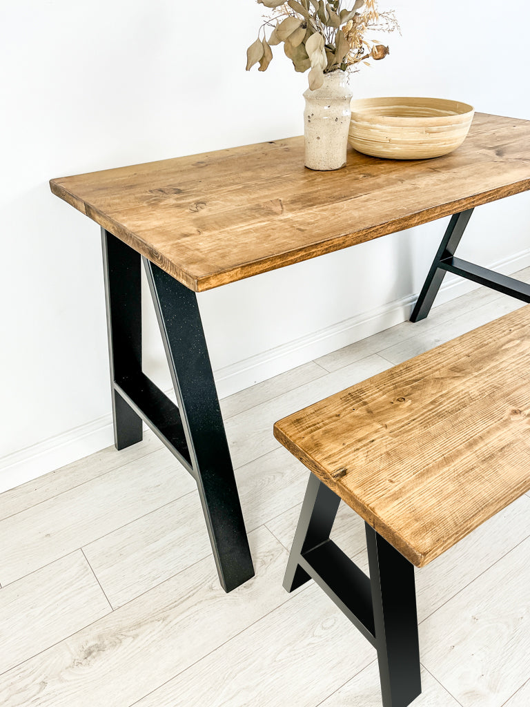 Rustic Wood Dining Table with Steel A-Frame Legs