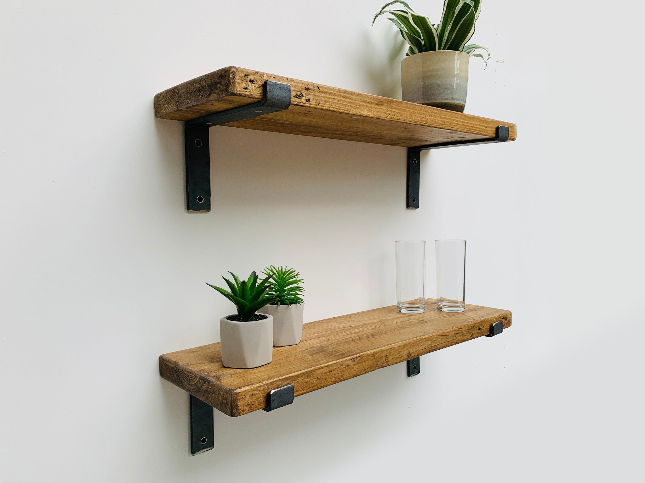 Rustic Wood Thin Shelf with Industrial S-Bend Metal Brackets