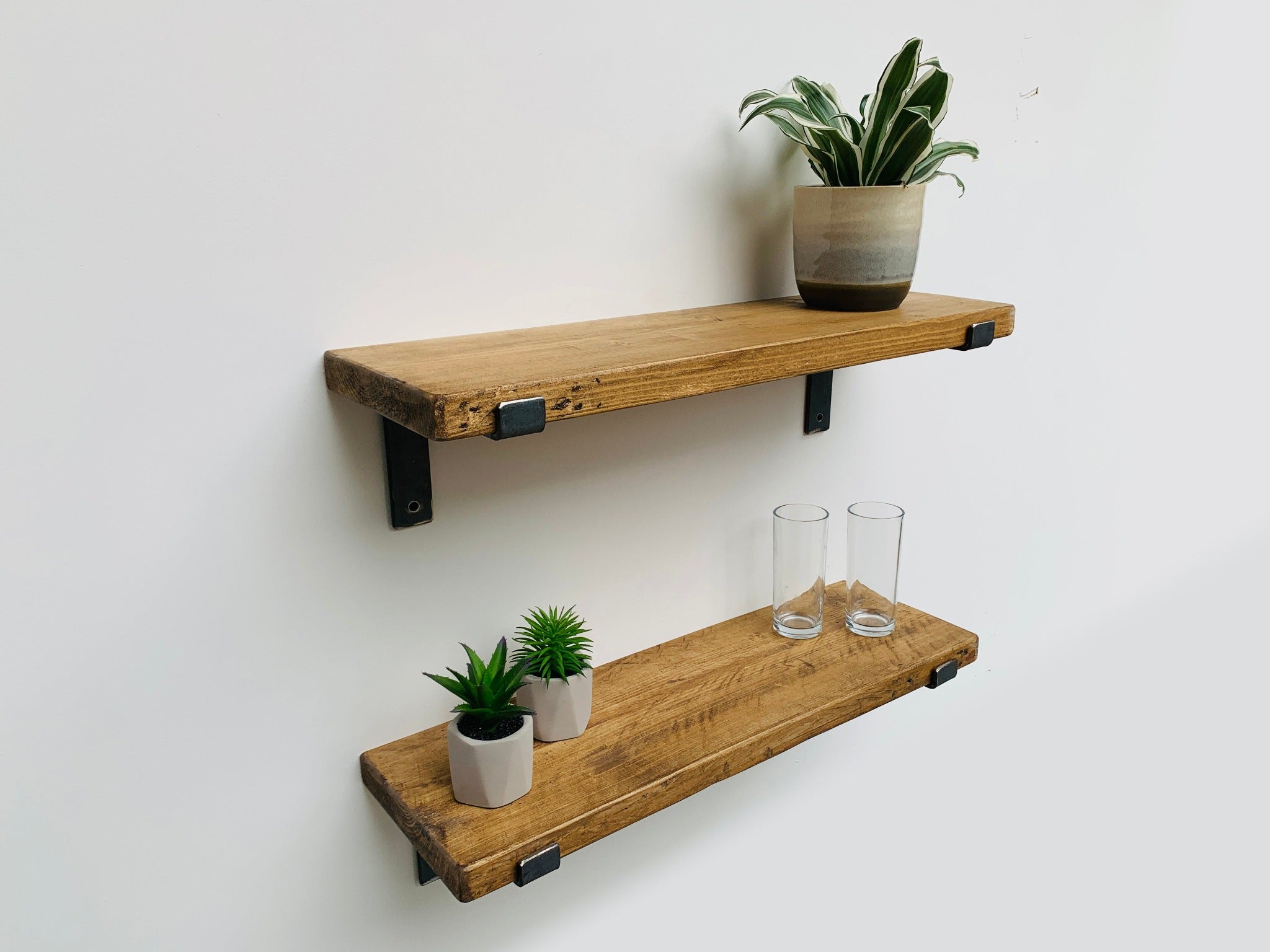 Rustic Reclaimed Wood Kitchen Shelf with Industrial S-Bend Metal Brackets