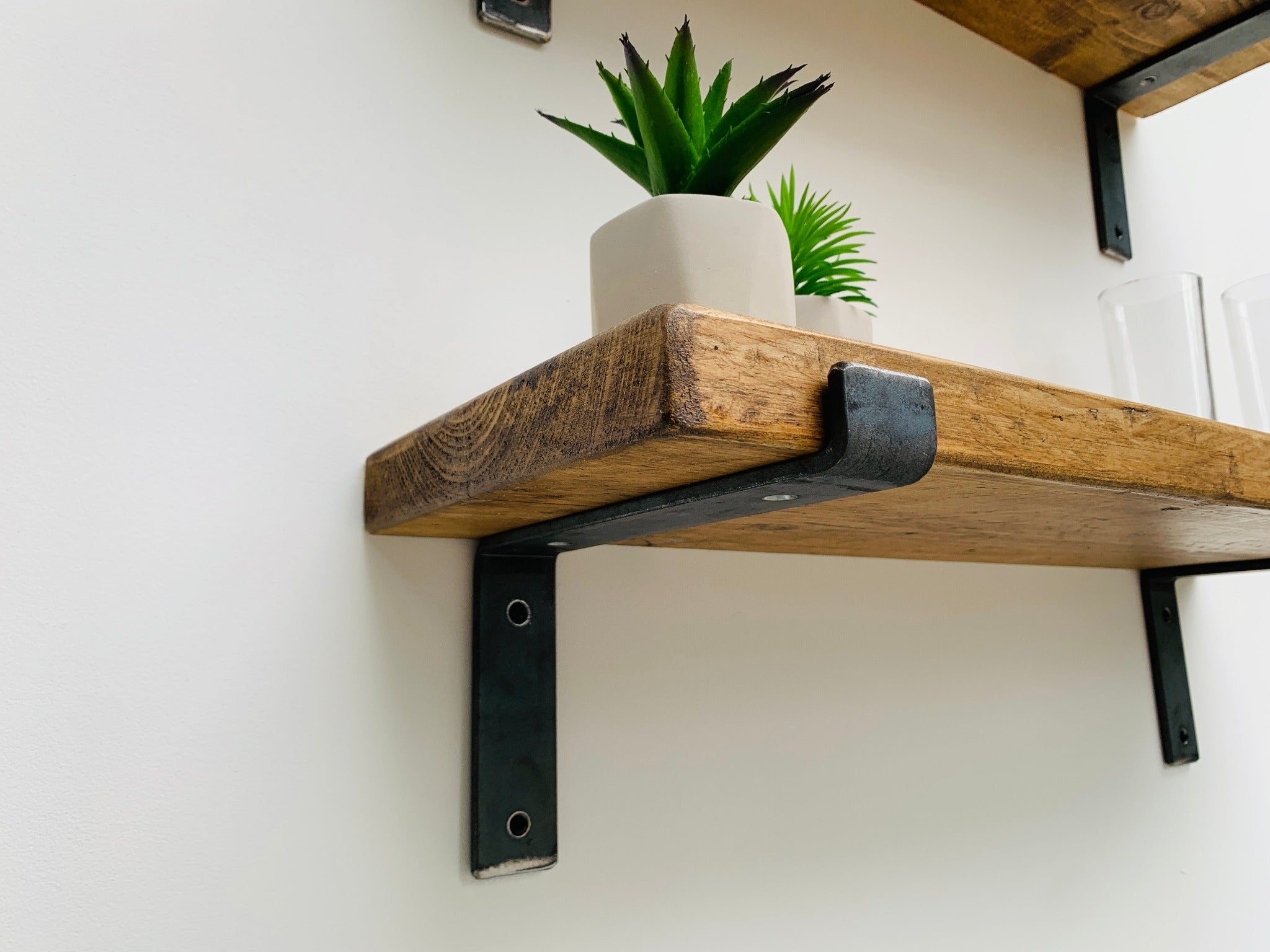 Rustic Reclaimed Wood Kitchen Shelf with Industrial Lipped Metal Brackets