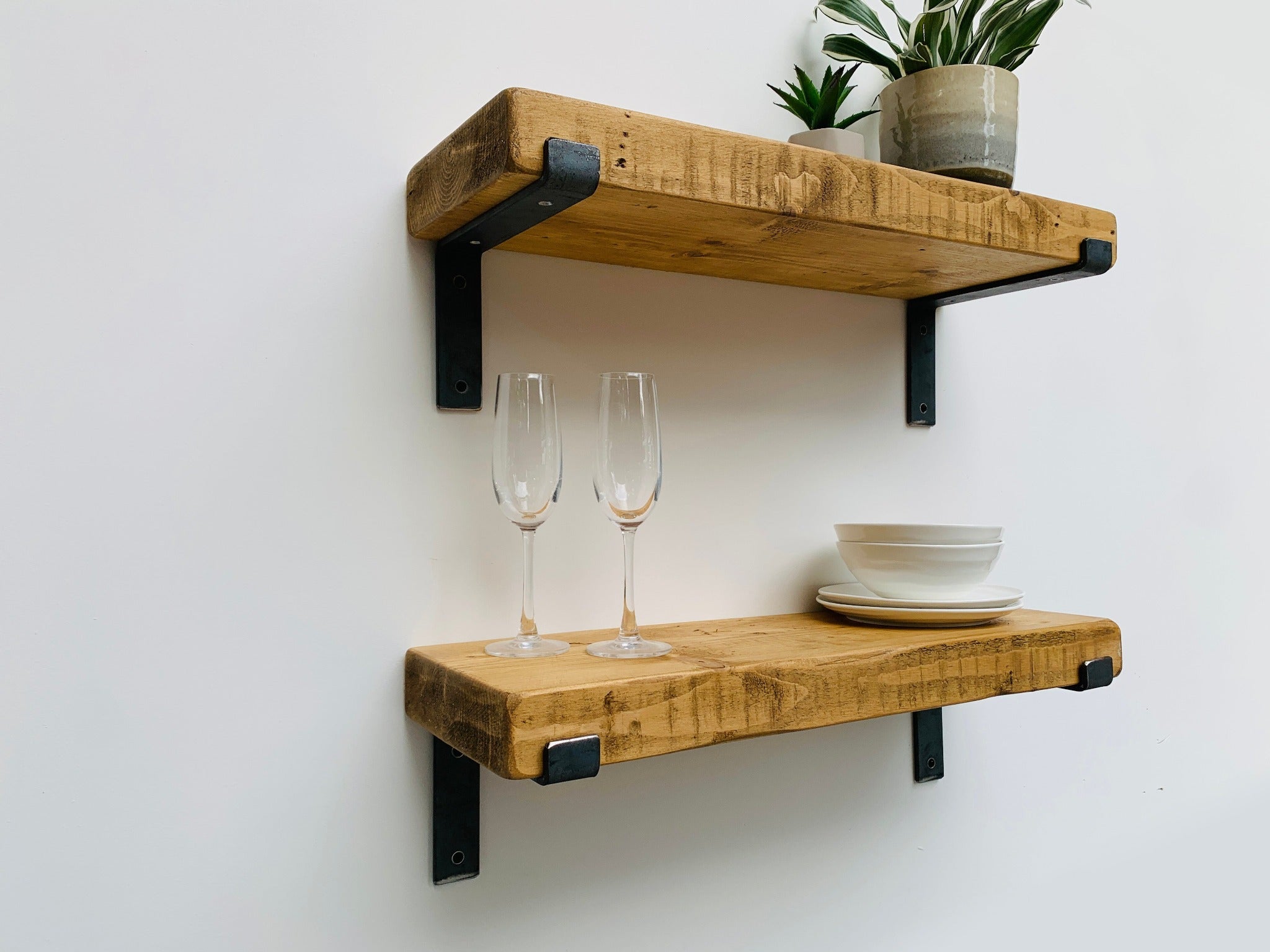 Rustic Chunky Reclaimed Wood Shelf with Industrial Raw Steel Metal Lipped Brackets