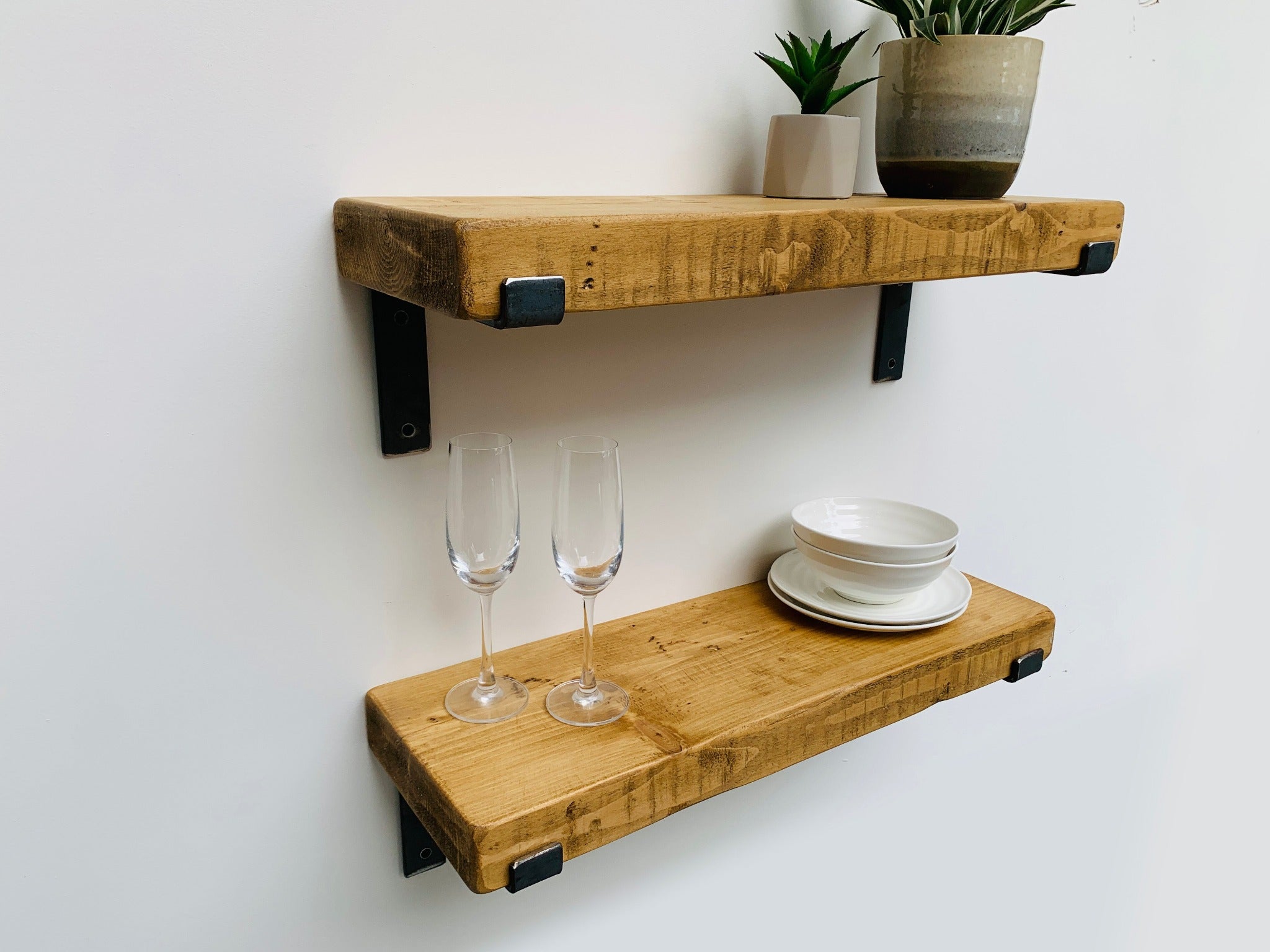 Rustic Thick Reclaimed Wood Shelf with Industrial Raw Steel Metal Lipped Brackets