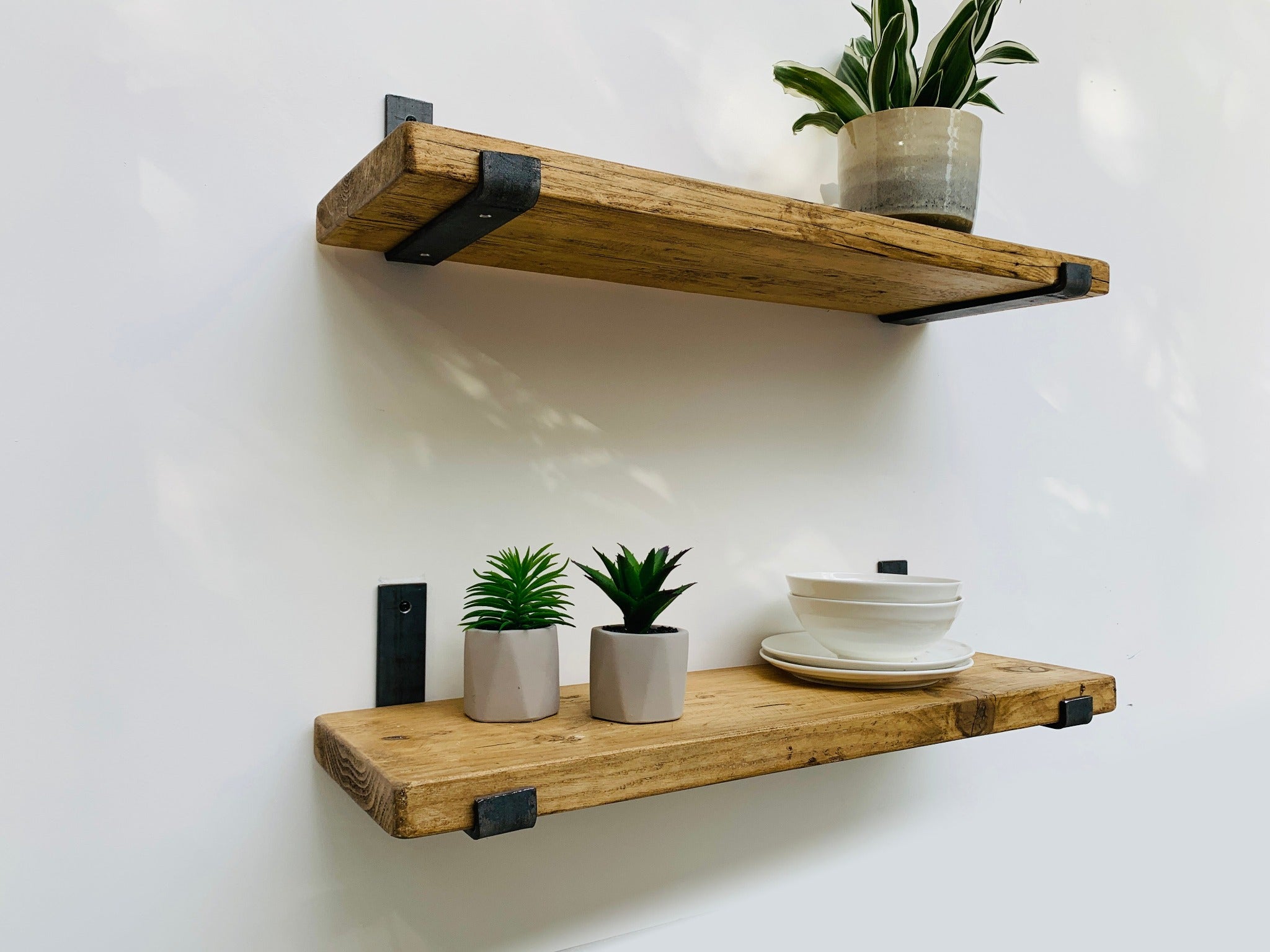 Rustic Reclaimed Wood Kitchen Shelf with Industrial U-Bend Metal Brackets