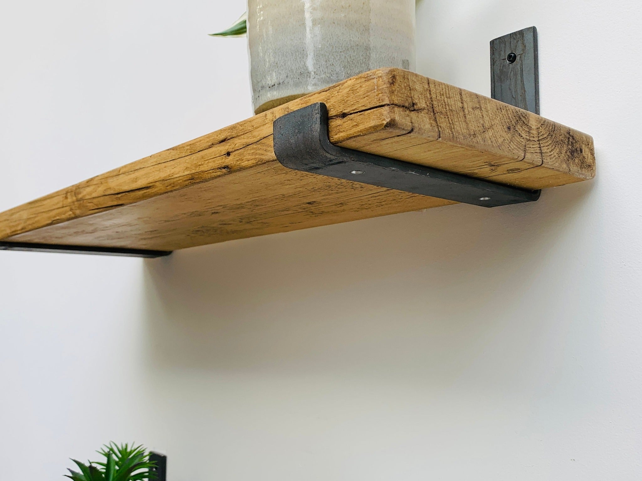 Rustic Reclaimed Wood Living Room Shelf with Industrial Steel Metal Brackets