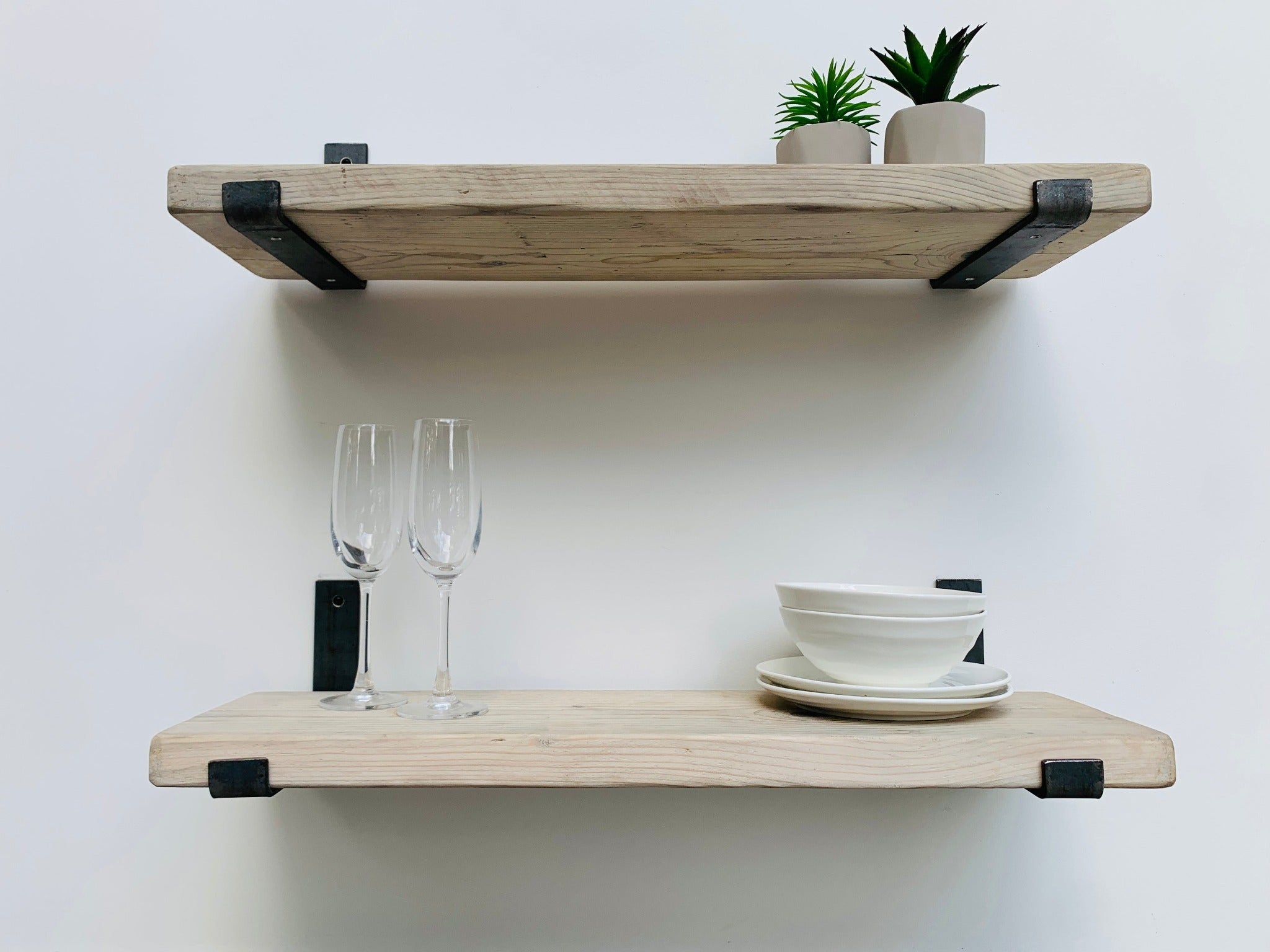 Shabby Chic Thin Reclaimed Wood Shelf with Steel Lipped Brackets
