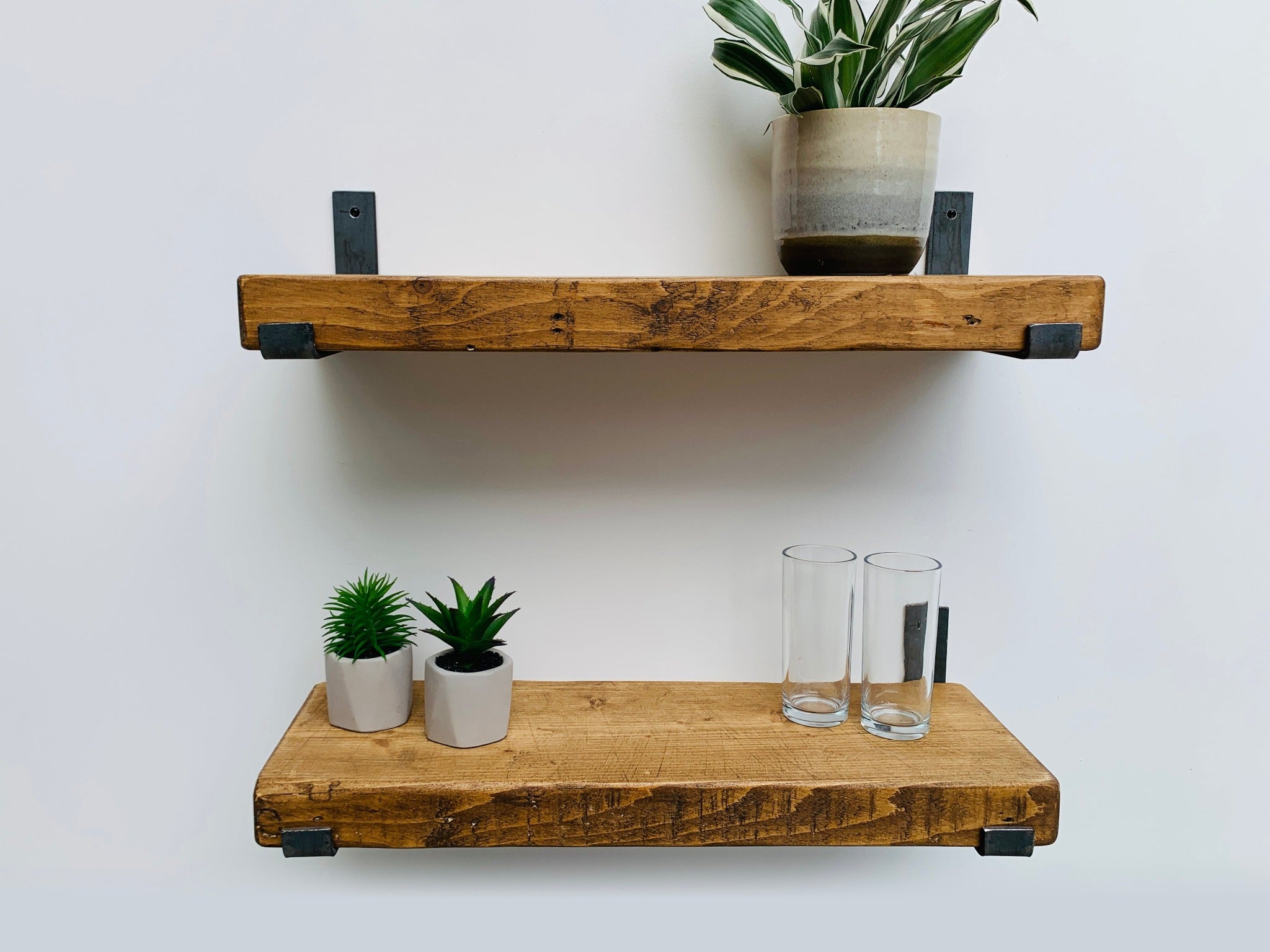 Rustic Thick Reclaimed Wood Shelf with Industrial Raw Steel Metal Wall Brackets