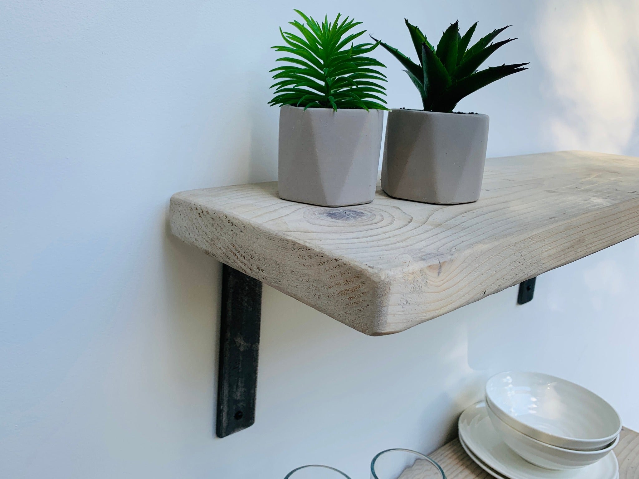 Shabby Chic Reclaimed Wood Shelf with Industrial Metal Brackets