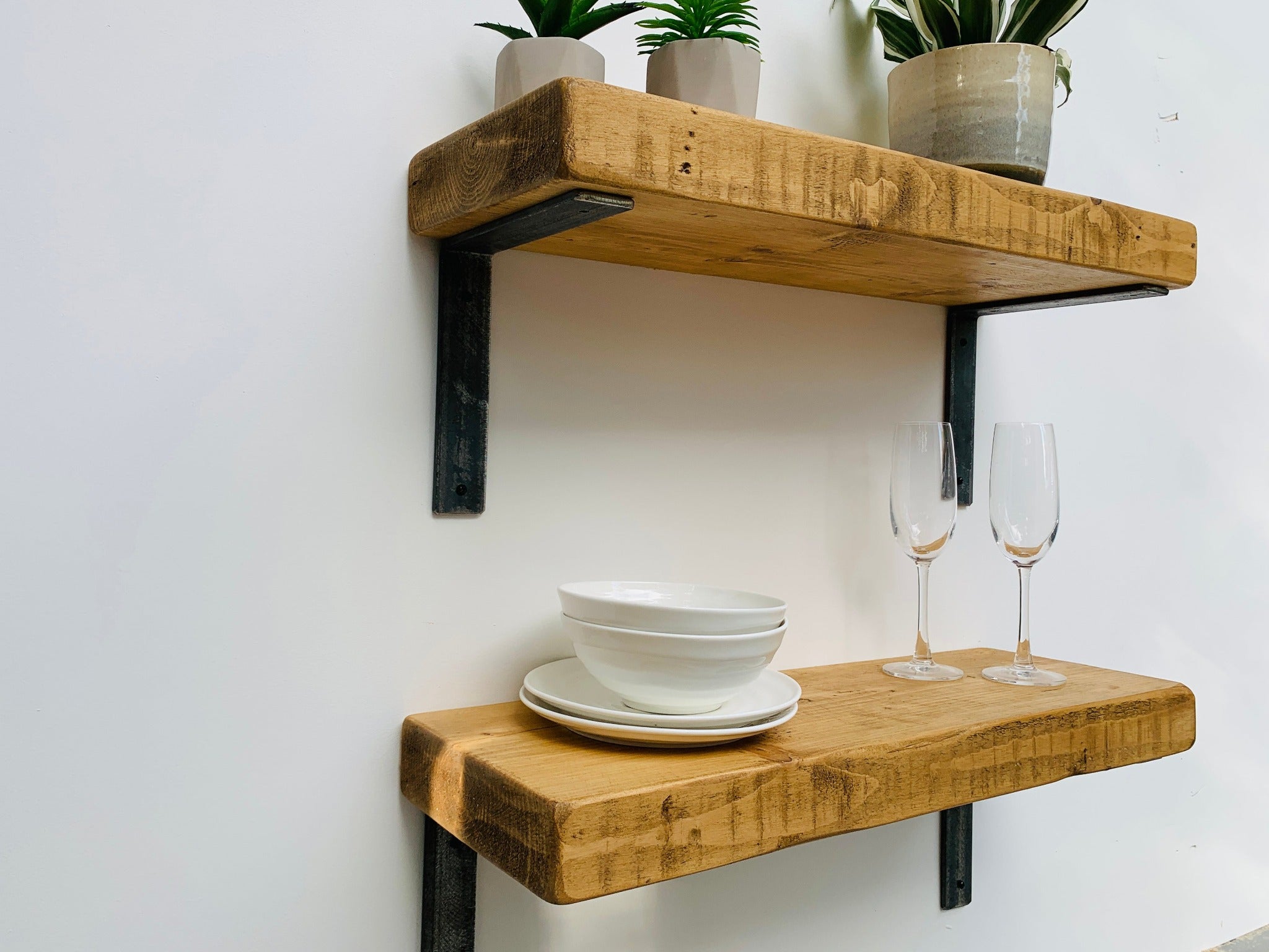 Rustic Chunky Reclaimed Wood Shelf with Industrial Raw Steel Metal Brackets