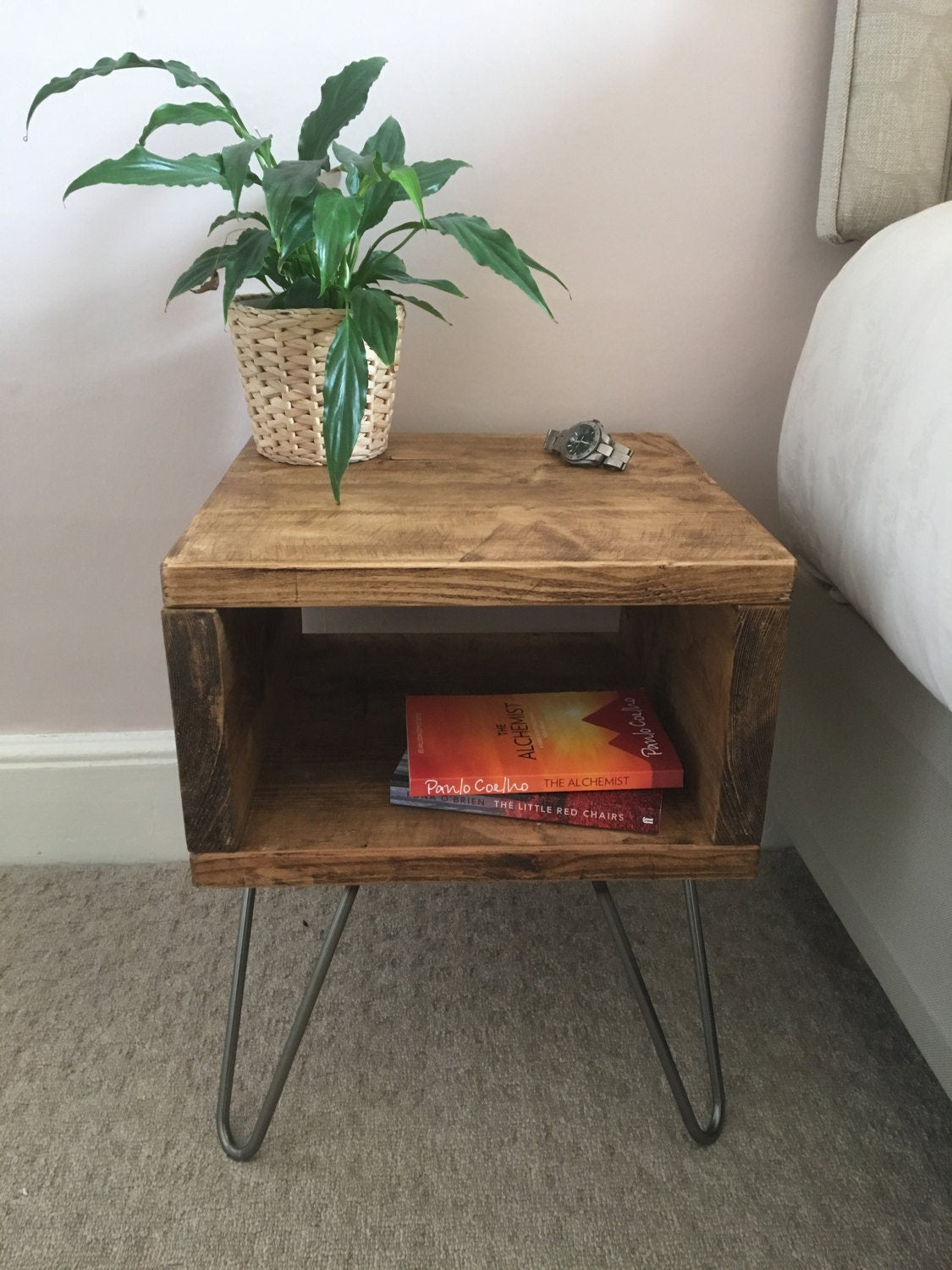 Rustic Reclaimed Wood Bedside Table Side Table with Steel Hairpin Legs
