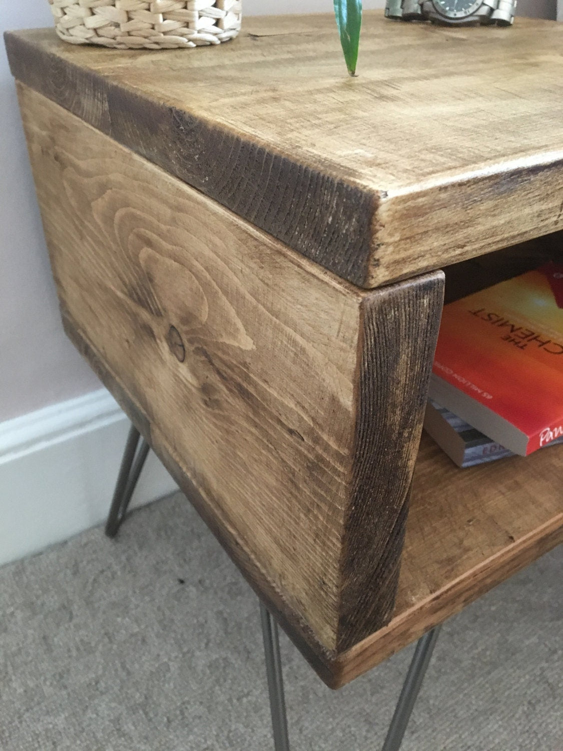 Rustic Reclaimed Wood Bedside Table Coffee Table with Steel Hairpin Legs