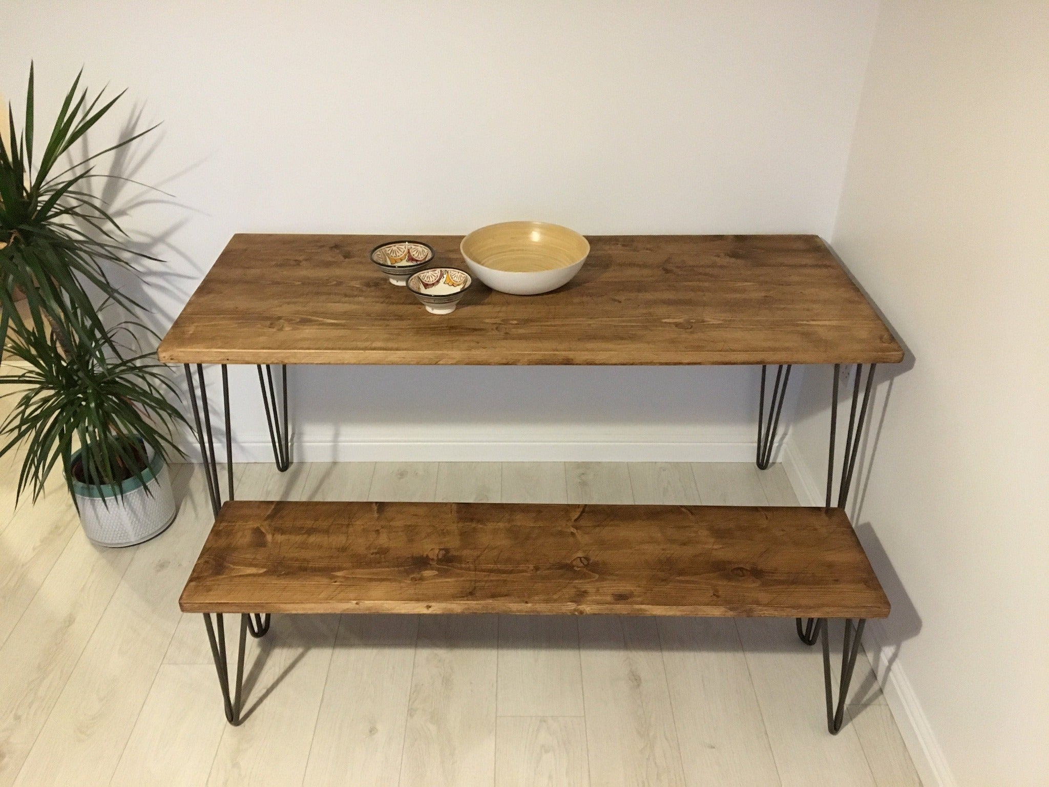 Rustic Reclaimed Wood Dining Table & Benches with Steel Hairpin Legs