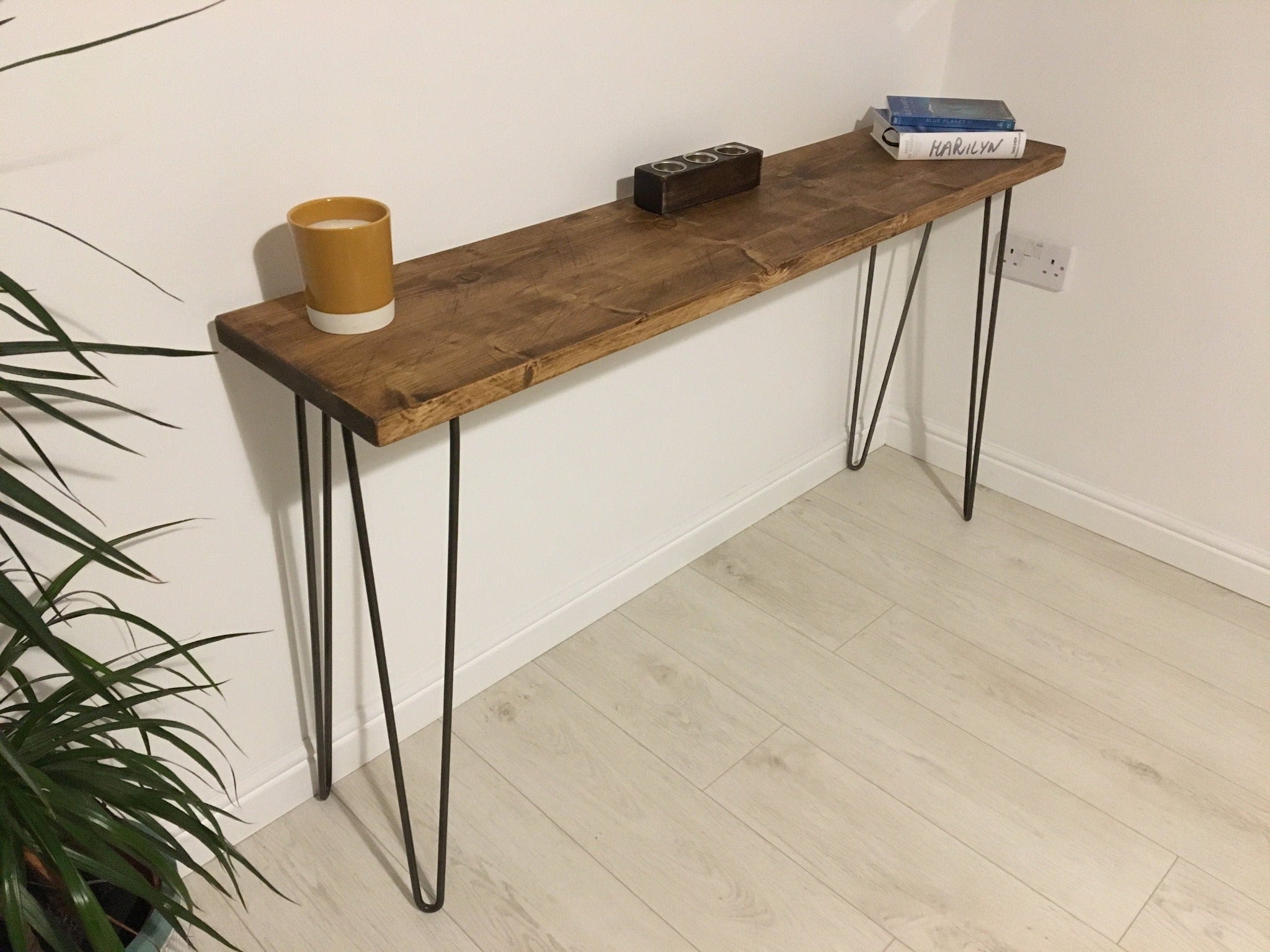 Rustic Reclaimed Wood Hallway Table with Steel Hairpin Legs