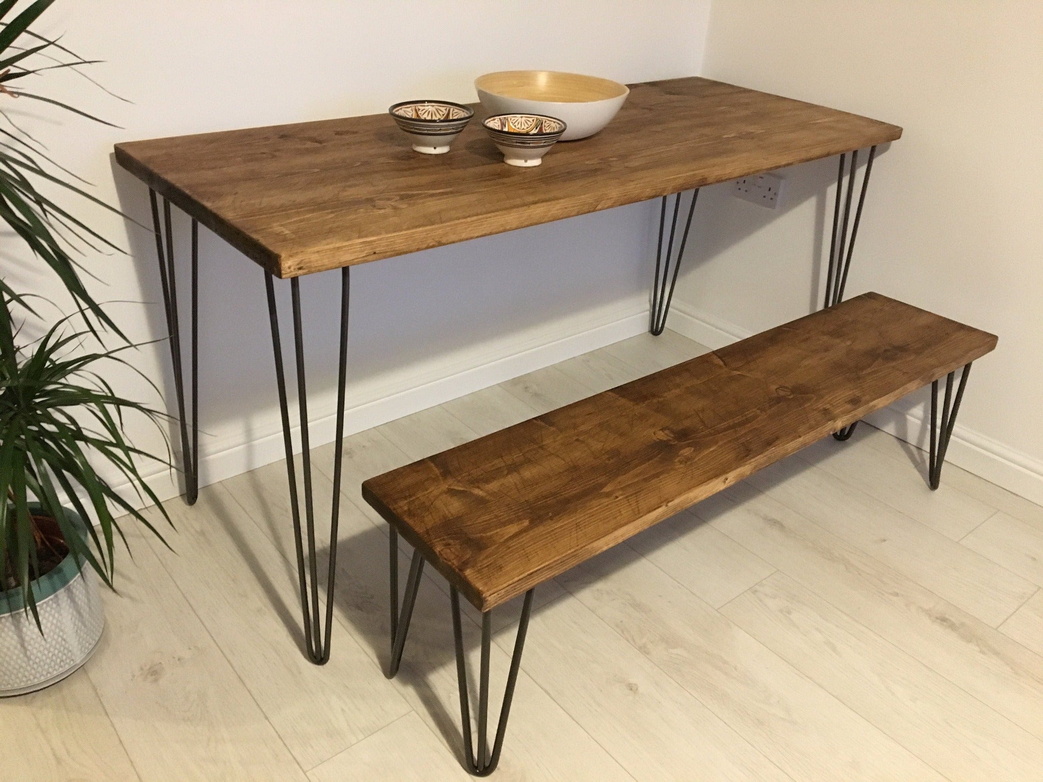 Rustic Reclaimed Wood Dining Table & Benches with Steel Hairpin Legs