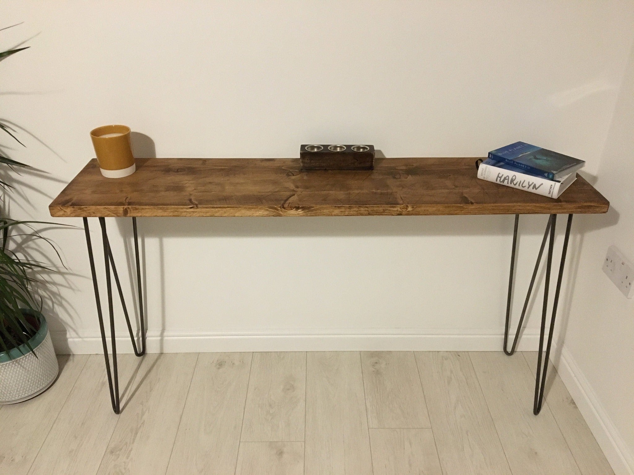 Rustic Reclaimed Wood Hallway Table with Steel Hairpin Legs